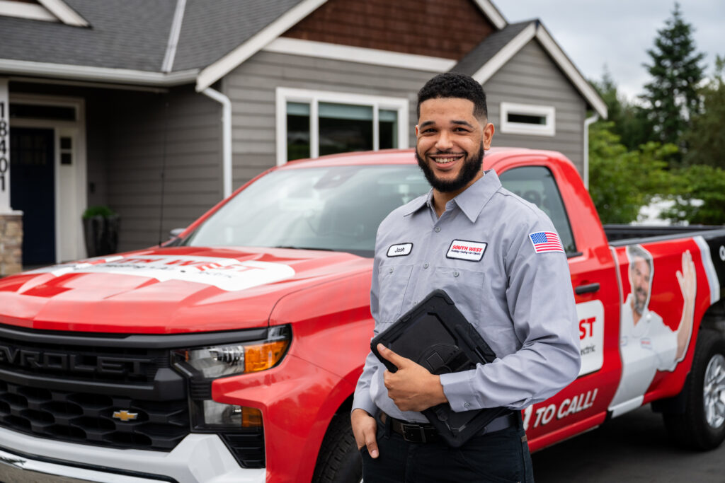 South West HVAC tech arriving to customers home.