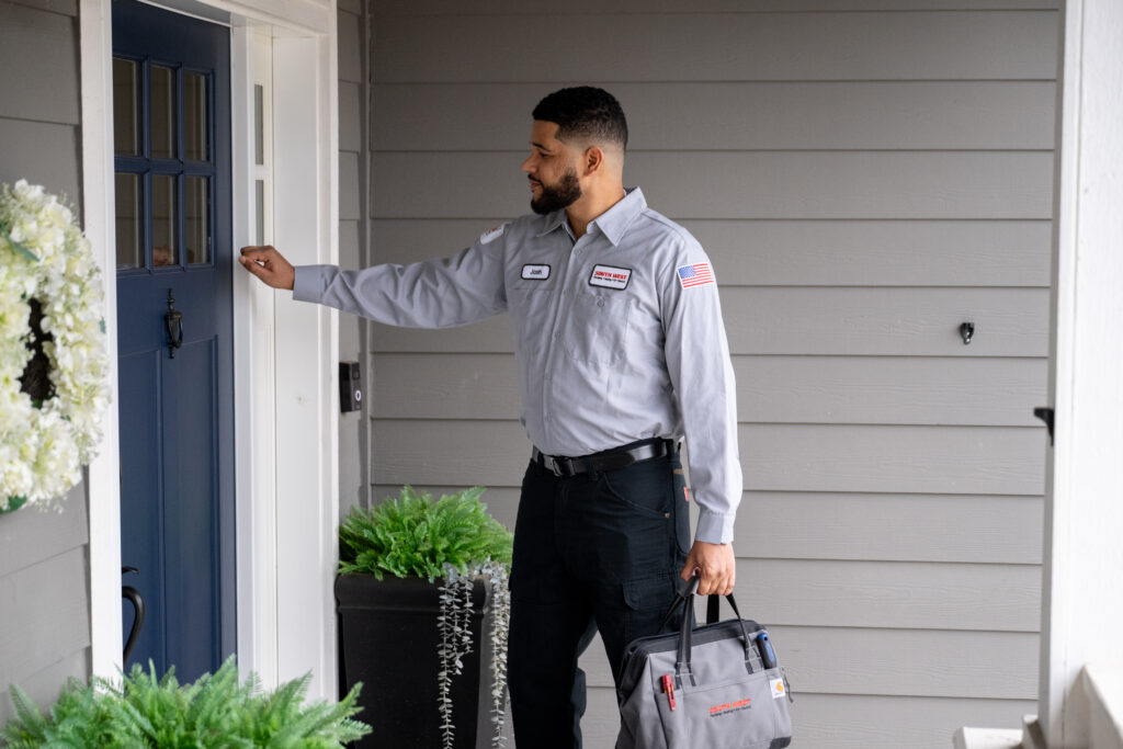 South West tech arriving to customer's home, ringing doorbell.