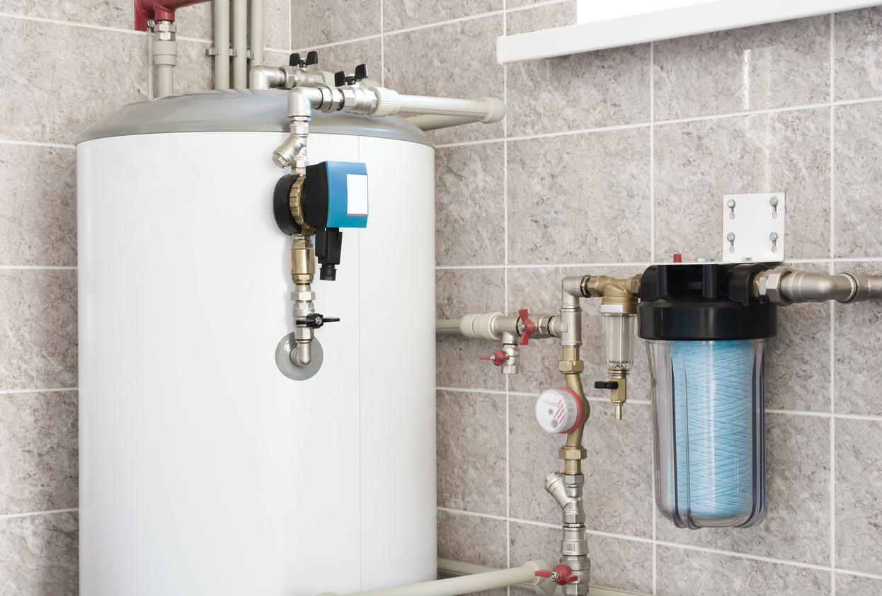 House water heating boiler with pump, ball valves and filters  